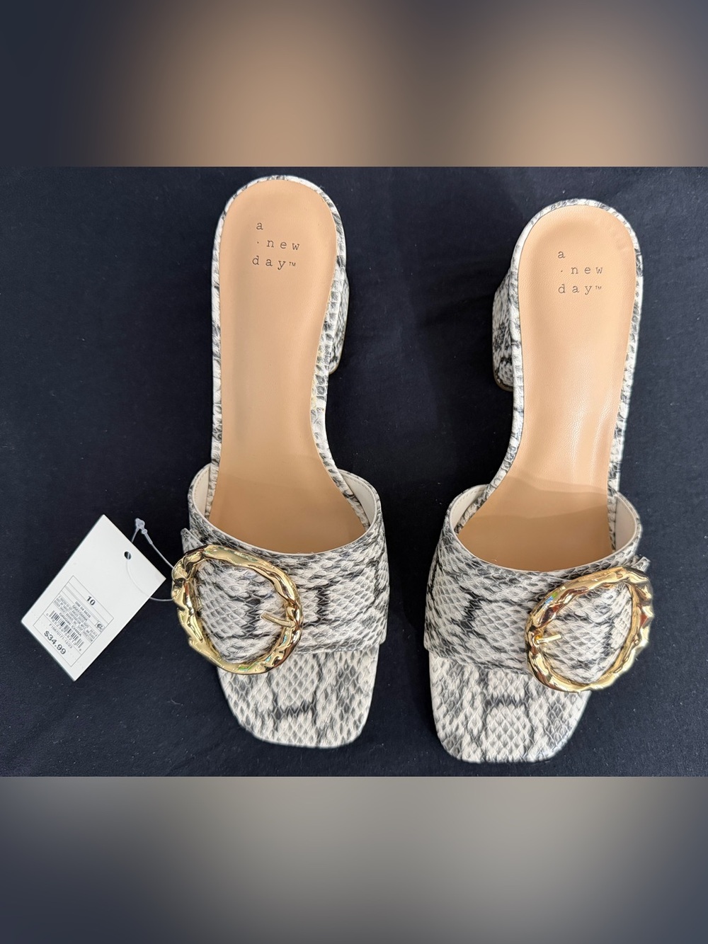 a new day Cream Snake-Print Slide Sandals with Gold Buckle
